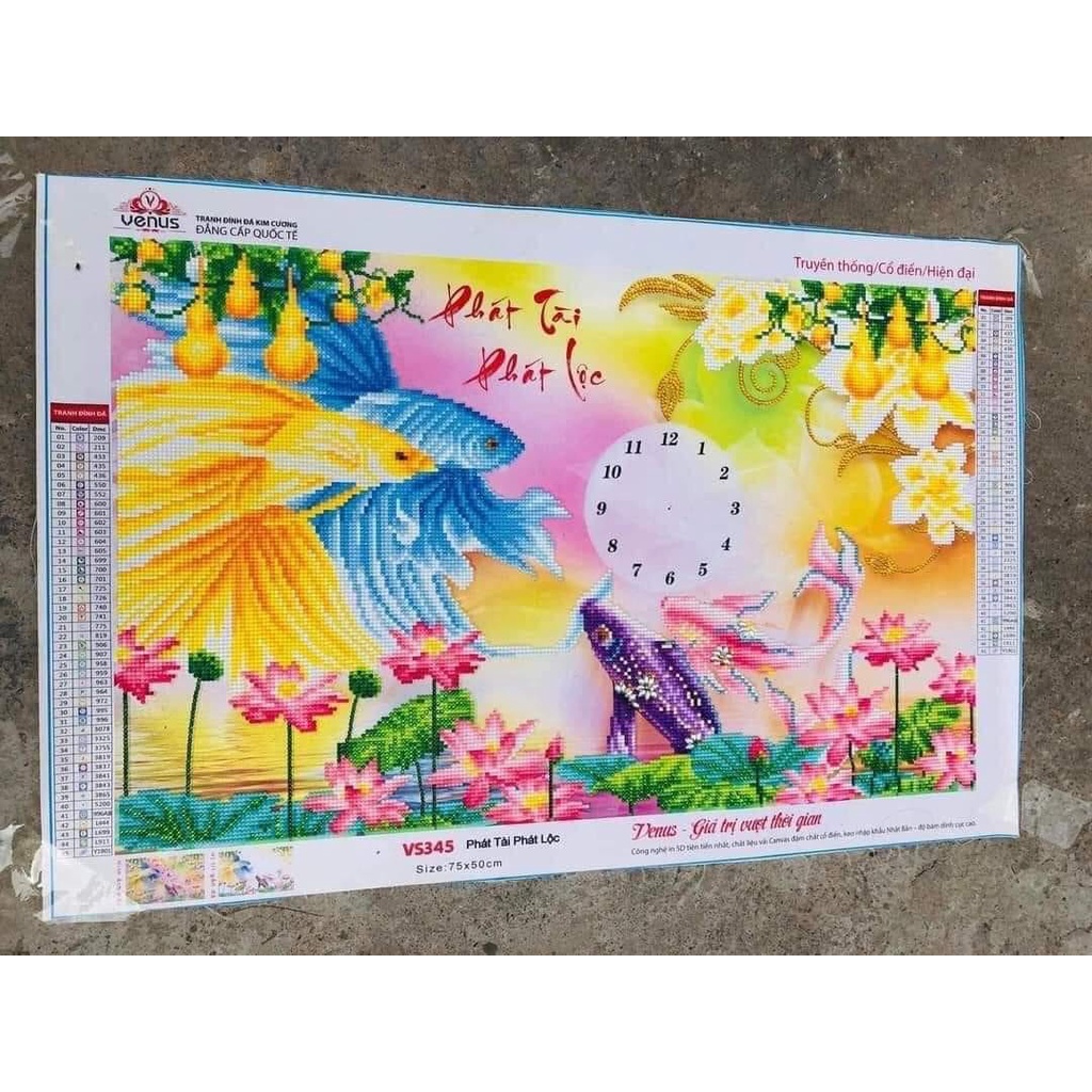 Tranh Đính Đá đồng hồ cá phát tài phát lộc KT:75x50cm. Tranh gắn đá tự đính