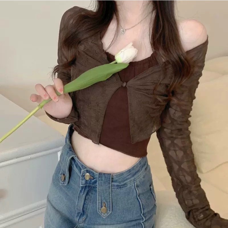 Set áo yếm len nâu tây kèm áo khoác cadigan giấy ô trám mỏng