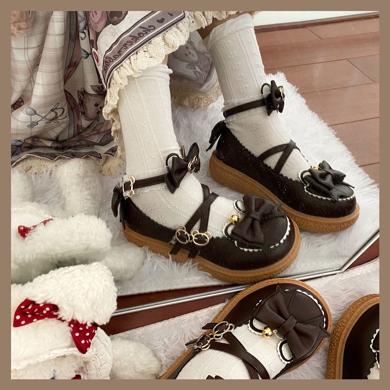 Giày Da Mũi Tròn Màu Đỏ Rượu Vang Phong Cách lolita Nhật Bản Dễ Phối Đồ Cho Nữ