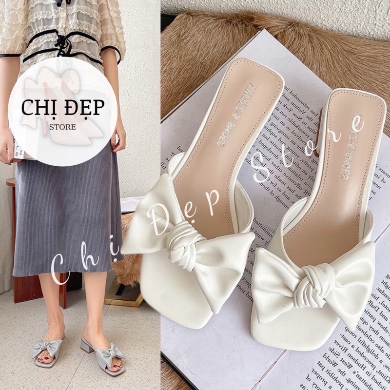 Guốc cao gót nữ quai nơ 4 phân, giày cao gót đế vuông hottrend 2022 Chị Đẹp Store mã CD61