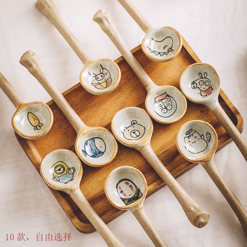 Muỗng Cà Phê Bằng Gốm Tay Cầm Dài Họa Tiết Hoạt Hình Sáng Tạo Phong Cách Nhật Bản