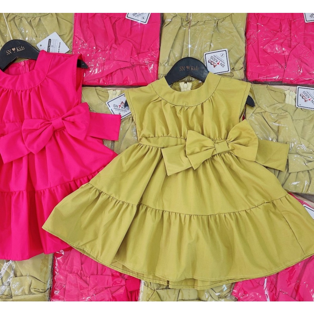 Váy xòe bé gái, cặp váy thô nến nơ hông dáng xòe cho bé size 12-35kg