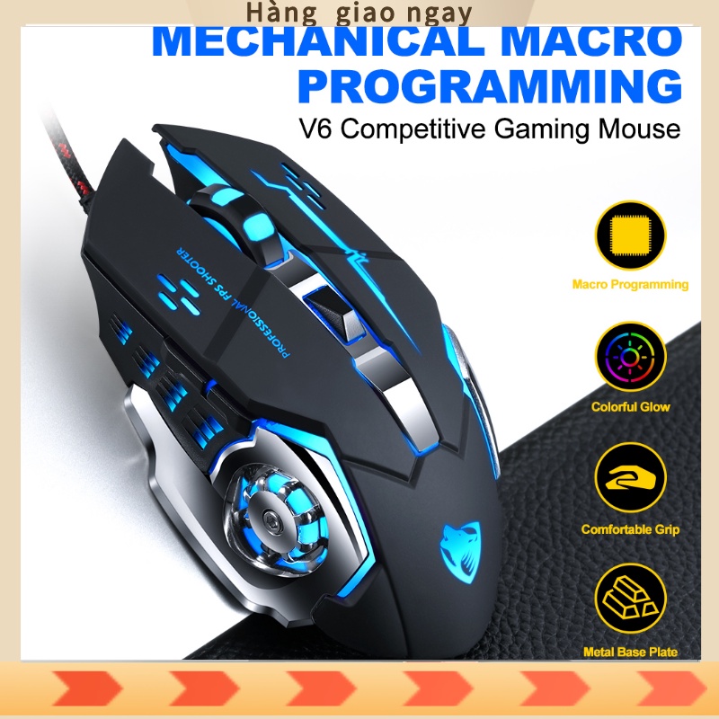 Chuột Chơi Game V6 Đèn LED 7 Màu Cực Bền Thiết Kế Đẹp, Chuột Game Thủ Với Hiệu ứng Màu Sắc Dùng Cực Nhạy