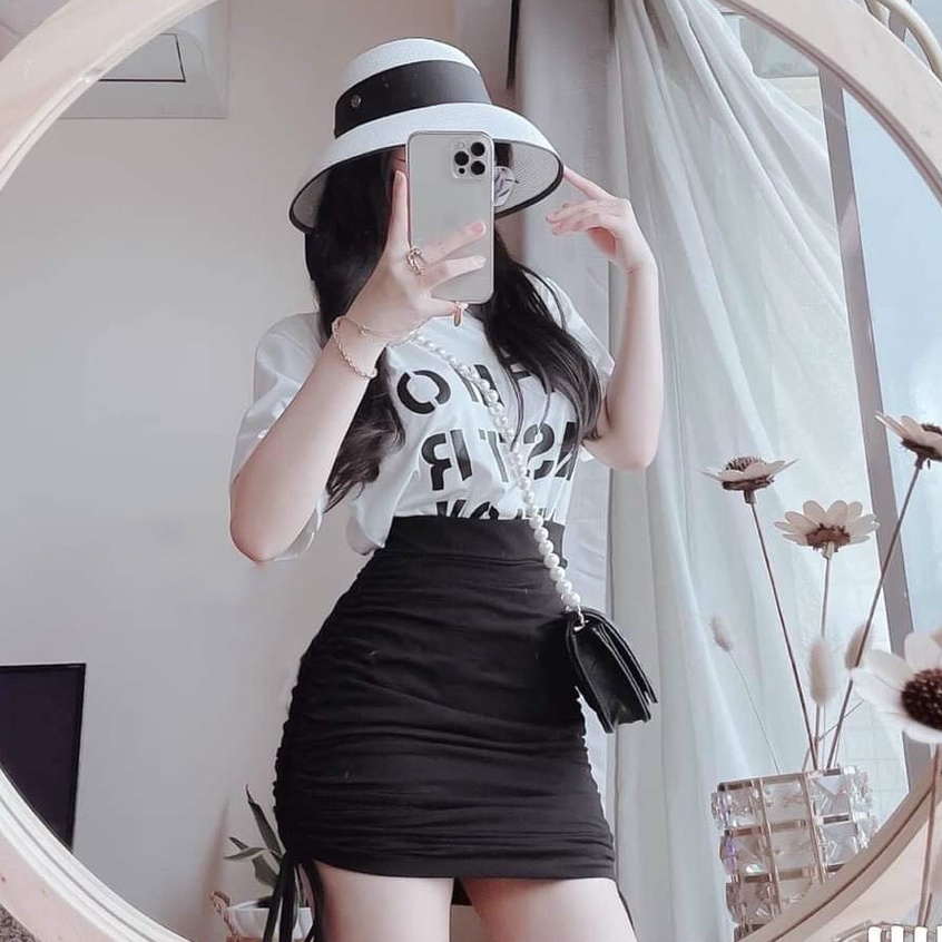 Sét áo và chân váy rút dây 2 bên xinh xắn áo in chữ và chân váy ôm cá tính thời trang Bella Luu Shop
