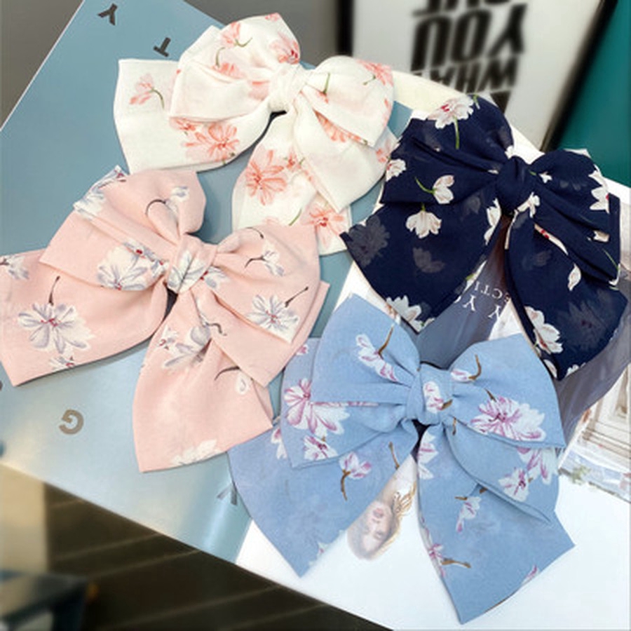 Kẹp Tóc Nơ Vải Chiffon Họa Tiết Đa Dạng Thời Trang Cho Nữ