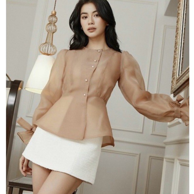 SET ÁO PEPLUM NUDE TAY NƠ KÈM CHÂN VÁY TRẮNG nữ thời trang hàn quốc Ulzzang