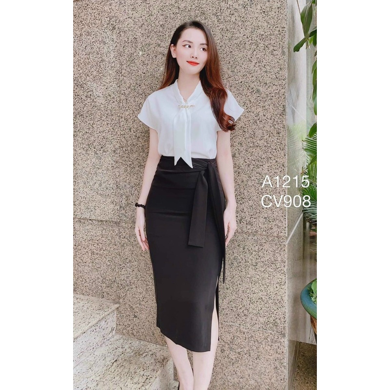 Áo sơ mi nữ lụa cộc tay cao cấp công sở trơn cổ nơ đính gim hạt ngọc nhiều màu , áo sơ mi thiết kế MQ Boutique