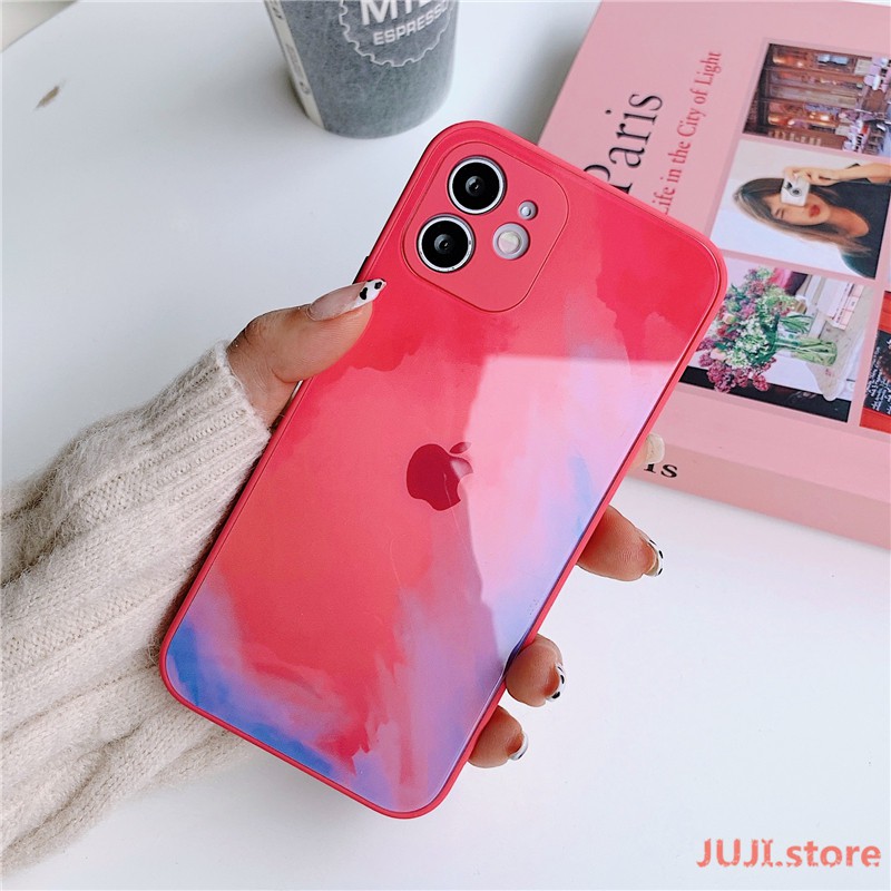 Original New Liquid Silicone Tempered Glass Watercolor iPhone 12 11 Pro Max X XS 7 8 Plus Max Official Phone Case All-inclusive Lens Protection 9H Hard Anti-drop Back Cover