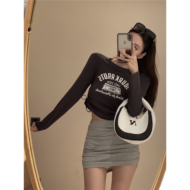 Áo Thun Tay Dài Dáng Ôm In Họa Tiết Kiểu retro Phối Dây Rút Phong Cách Hàn Quốc Thời Trang Cho Nữ