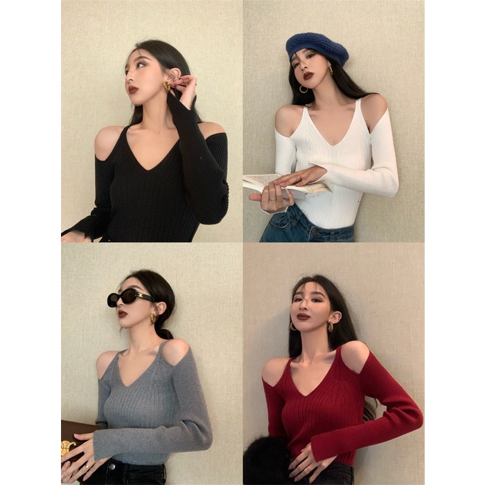 QKOOLE  Áo crop top Nữ Tay Dài Trễ Vai Quyến Rũ