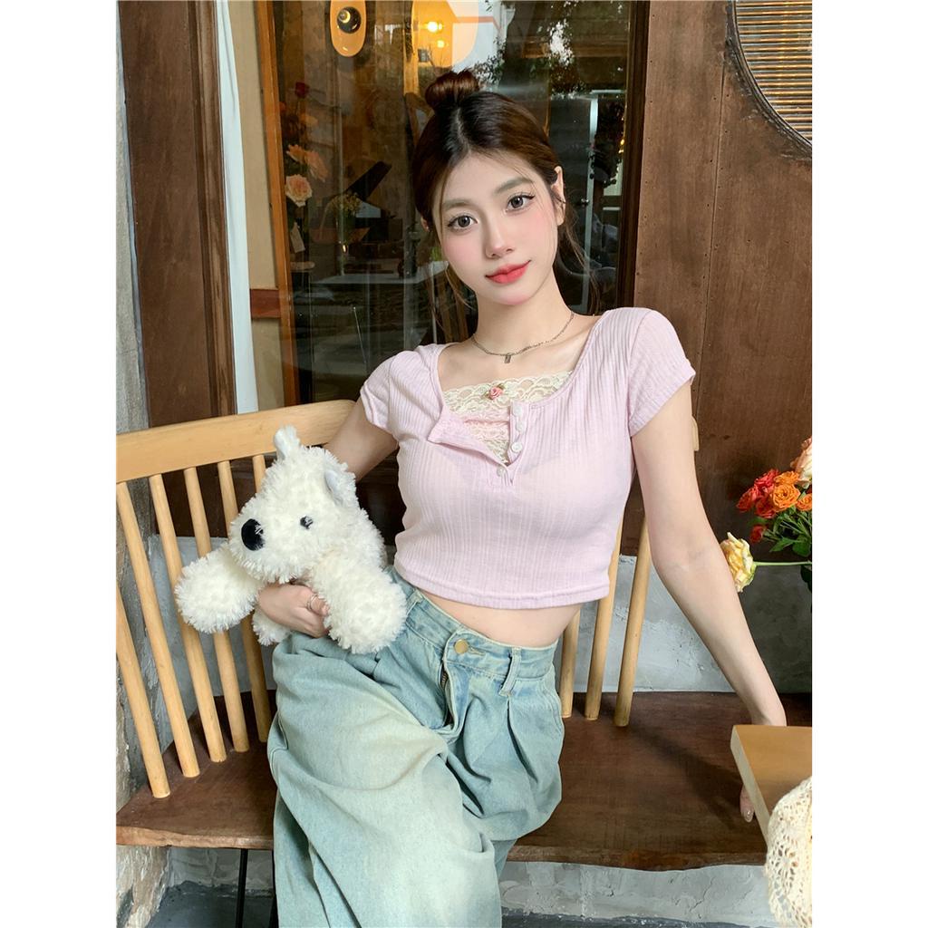 Lalisas Áo Croptop Ngắn Tay Phối Ren Thiết Kế Ngọt Ngào Cho Nữ
