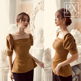 Áo Vai Phồng Dây Rút Cổ Vuông Tay Lỡ Xếp Ly Ngực (VÀNG BÒ+TRẮNG)
