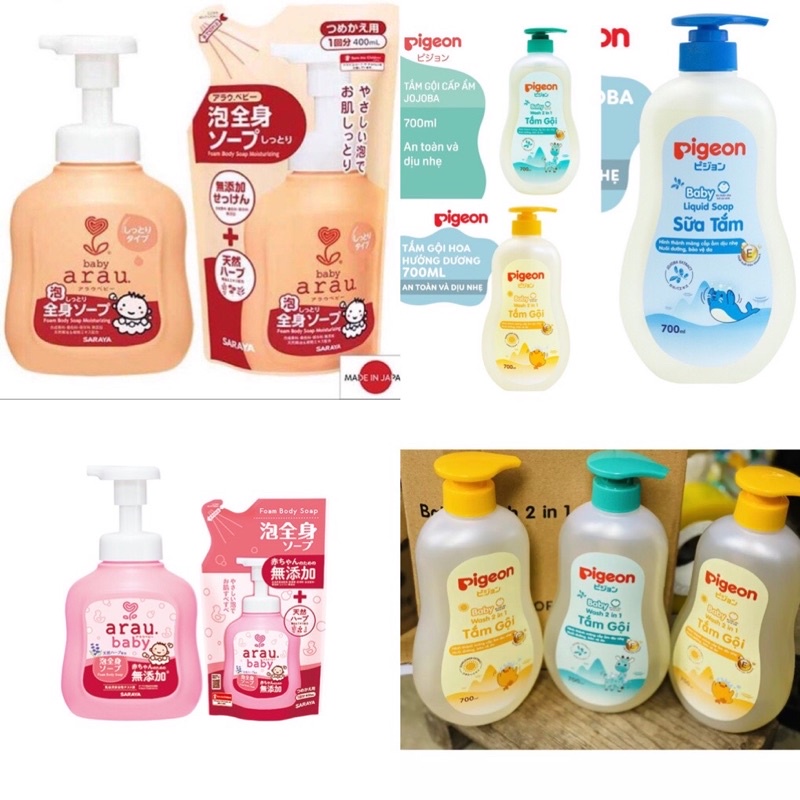 Sữa tắm dầu gội đầu cho em bé trẻ em sơ sinh trai gái dưỡng ẩm arau baby pigeon nhật dịu nhẹ tạo bọt thảo dược mộc túi