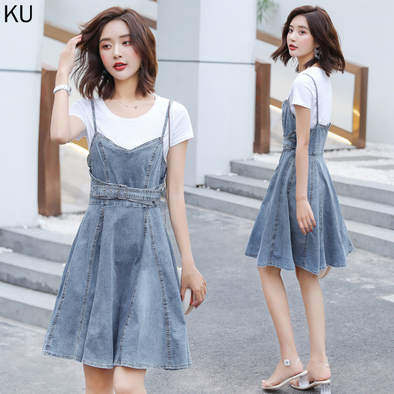 Set Áo Thun Ngắn Tay + Váy Yếm Denim Thời Trang Hè 2021 Phong Cách Năng Động Cho Nữ