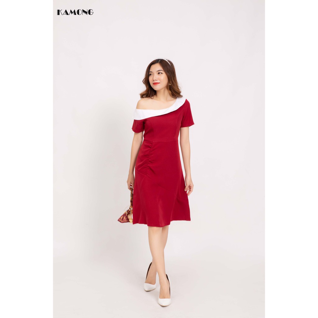 Đầm lệch vai cổ trắng KAMONG D032