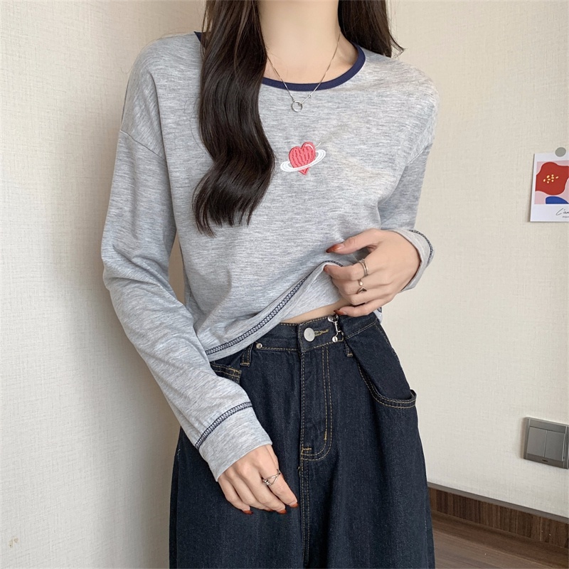 【ZHELIHANGFEI】Áo Thun Tay Dài Lưng Cao Họa Tiết Thêu Theo Phong Cách Preppy