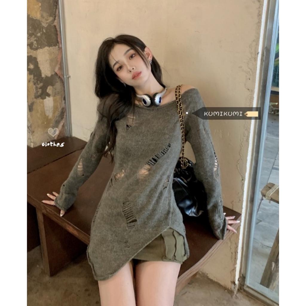 Áo Dệt Kim Tay Dài Dáng Ôm Thiết Kế Bất Đối Xứng Phong Cách Hàn Quốc Thời Trang Cho Nữ HUANG YOYO Áo