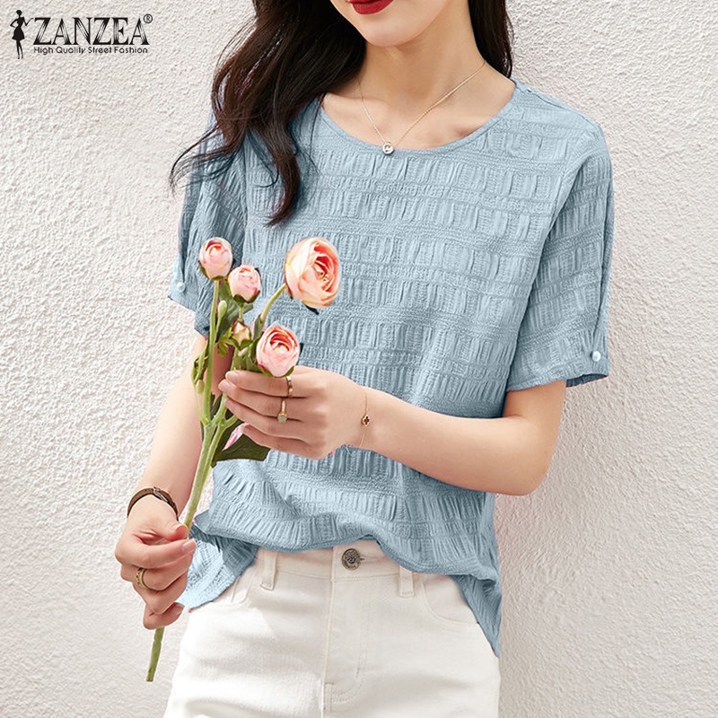 Áo kiểu ZANZEA tay ngắn cổ tròn xếp ly thời trang dành cho nữ
