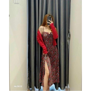 G1-sét đầm hoa đỏ kèm khoác