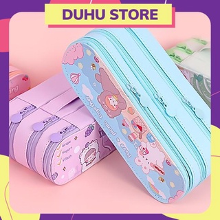 Hộp bút da đẹp 3 tầng đa năng hình cô gái- túi đựng mỹ phẩm cute, Bóp viết dễ thương HBD61