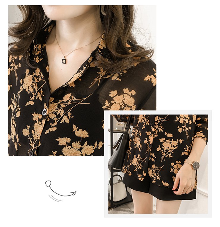 Áo sơ mi chiffon tay dài cổ bẻ in hoa size lớn thời trang Hàn Quốc mùa thu cho nữ