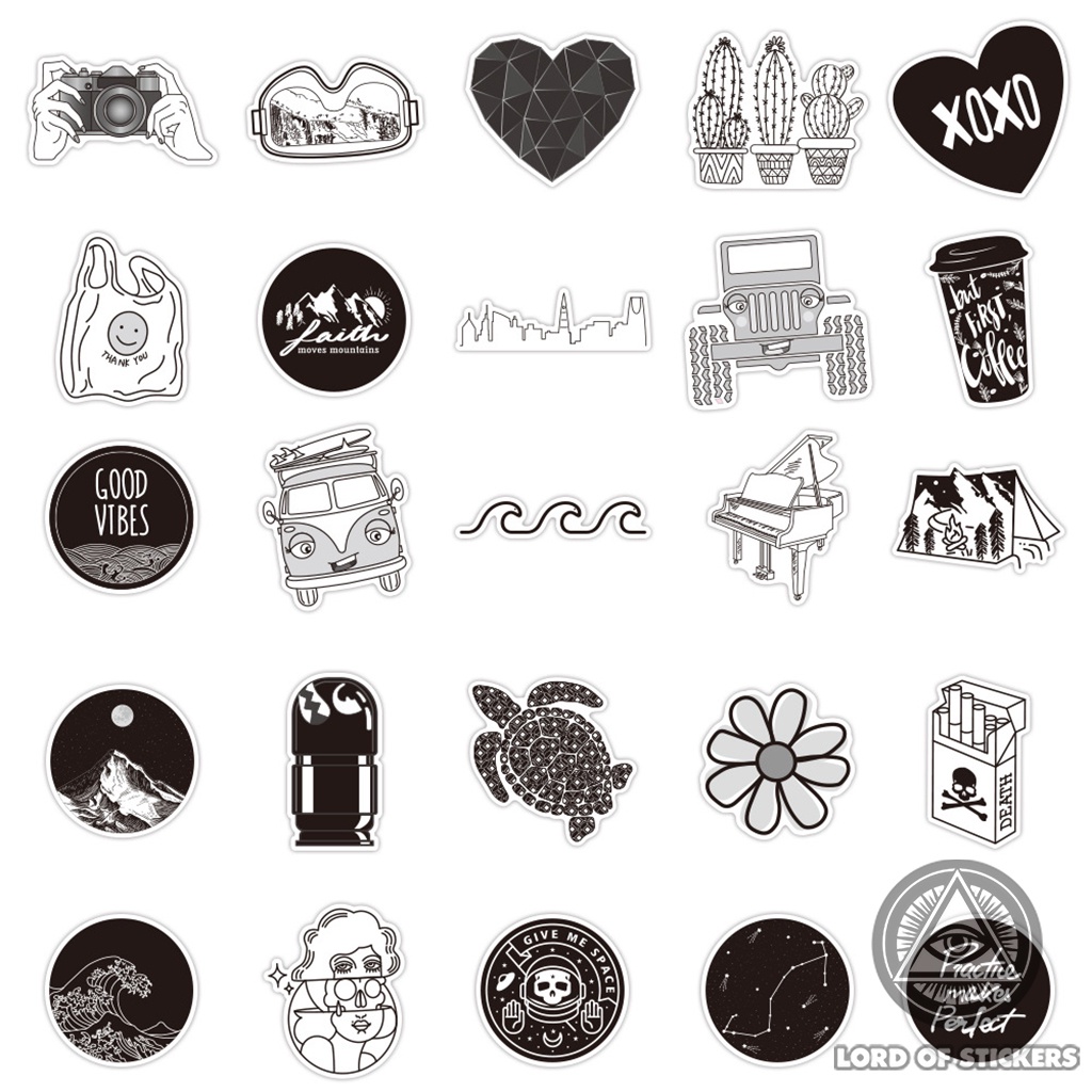 Set 50 Nhãn Dán Sticker Họa Tiết Đen Trắng Cute Phong Cách Hoạt Hình Chống Thấm Nước Dán Mũ Bảo Hiểm, Laptop, Vali, Sổ
