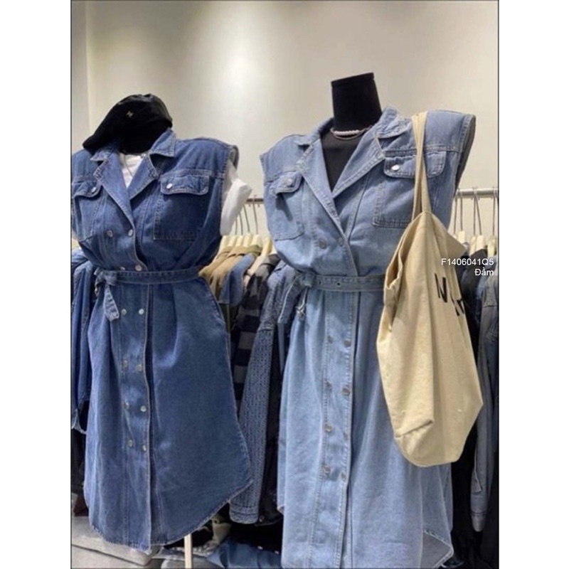 Váy jeans cài khuy cổ vest kèm belt siêu hot 2022