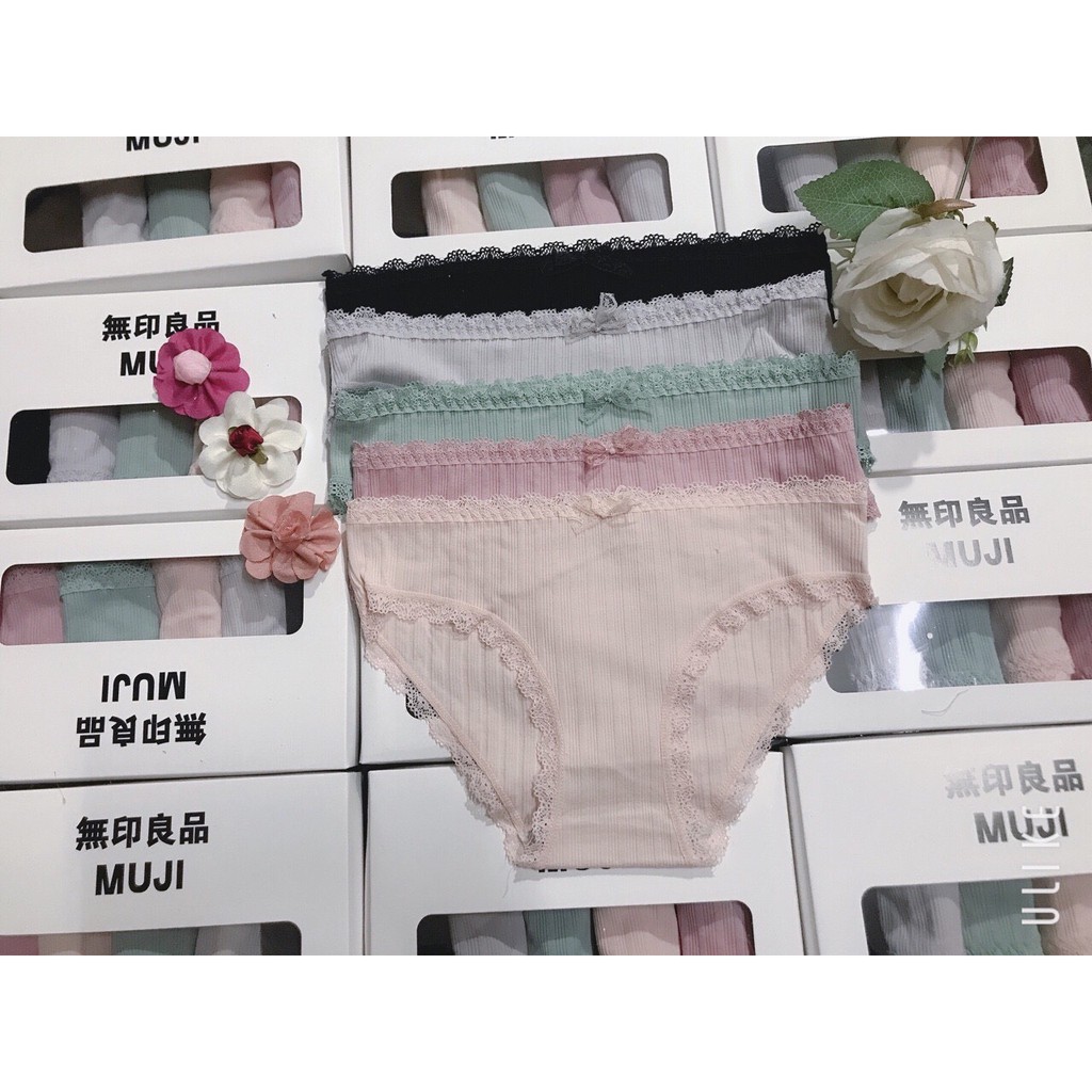 Hộp 5 quần lót nữ Muji gân tăm, chất cotton co dãn 4 chiều, thấm hút mồ hôi
