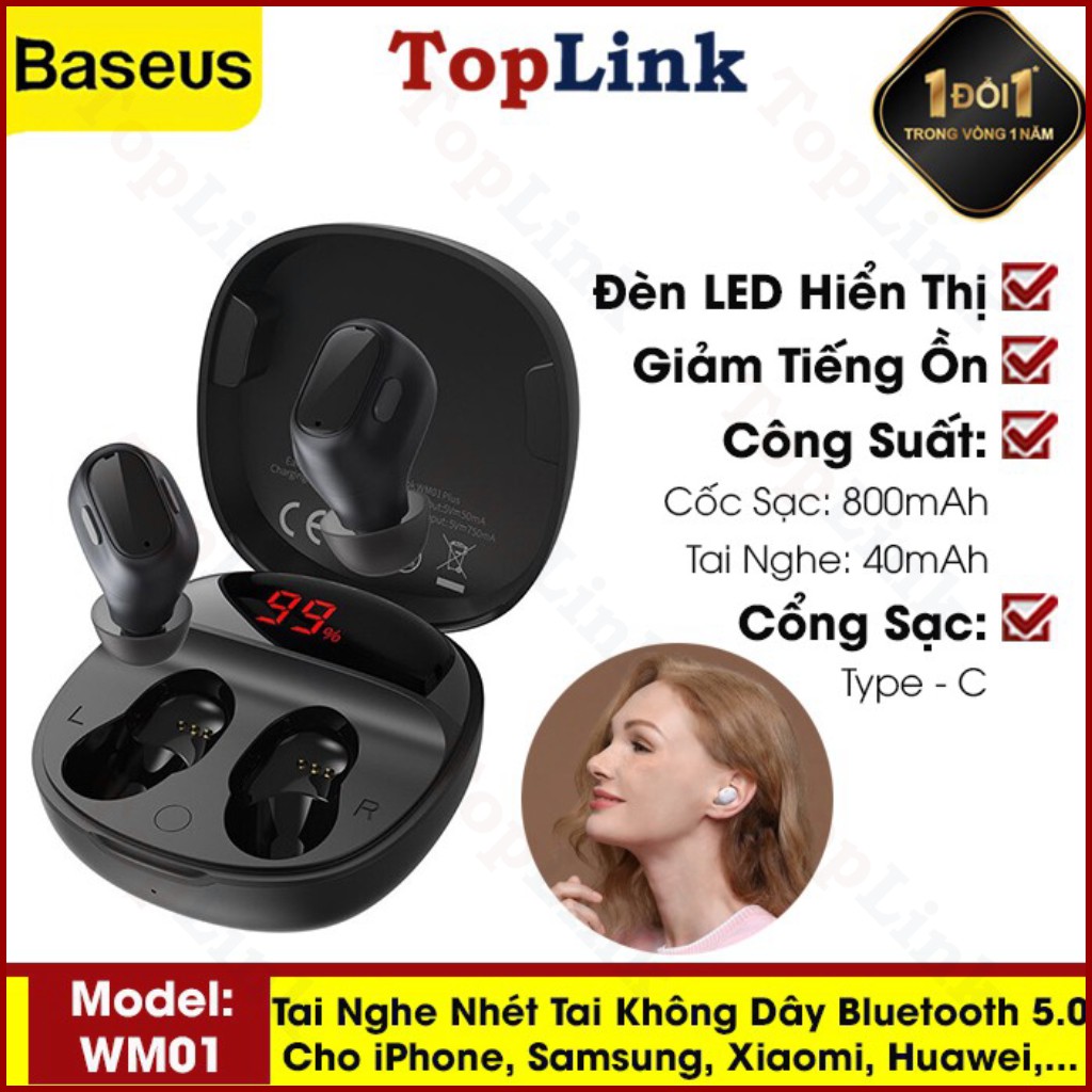 Tai Nghe Nhét Tai Không Dây Bluetooth 5.0 Stereo Mini (Baseus Enock True Wireless Earphones Wm01 Plus) - TopLink