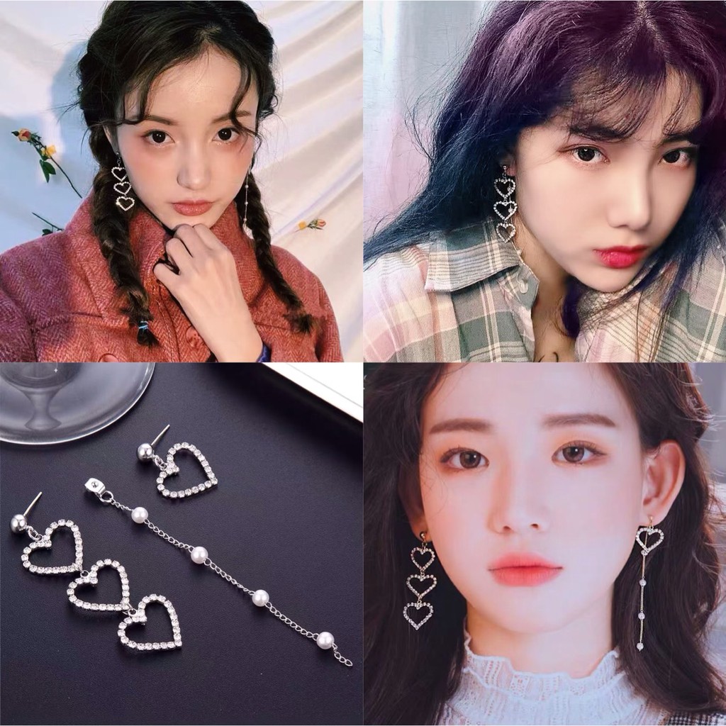 khuyên tai trái tim đá lấp lánh phong cách hàn quốc sang chảnh