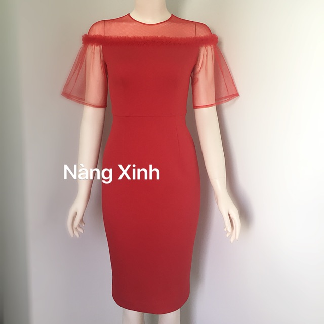 Đầm đỏ dáng ôm phối lưới trễ vai (có ảnh phản hồi khách chụp)