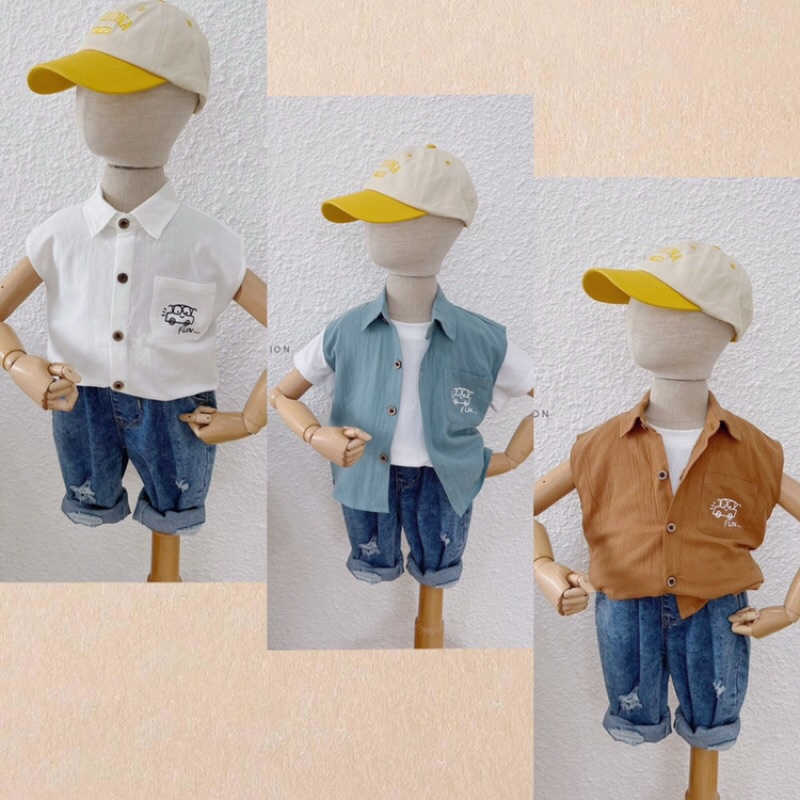 Áo sơ mi sát nách, ba lỗ đũi hàn Beemo cho bé trai mặc hè hoạ tiết ô tô năng động