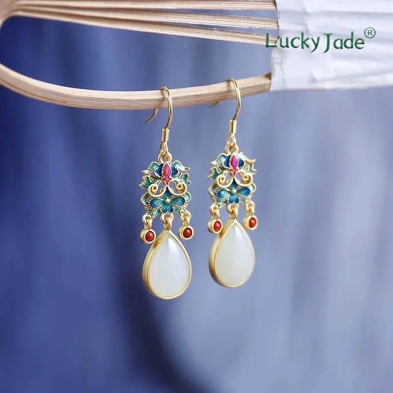 Bông Tai Mạ Bạc 925 Đính Ngọc Bích Trắng Phong Cách Trung Hoa Cổ Điển