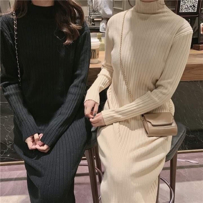 Váy len tăm thỏ dáng suông cổ cao