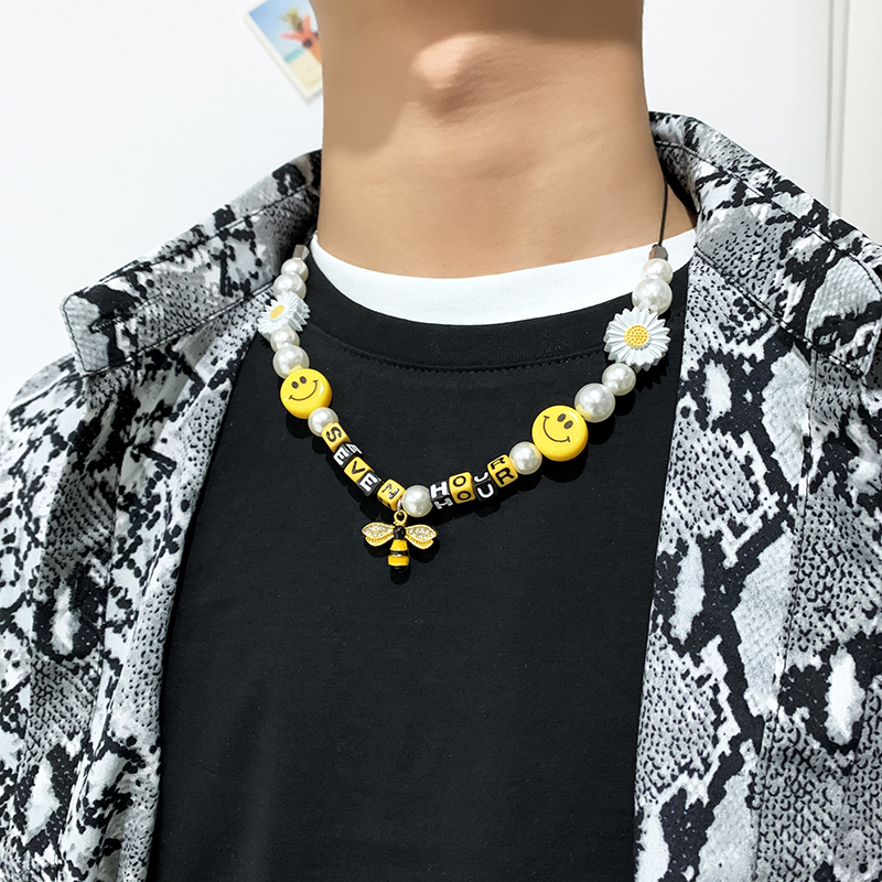 Vòng cổ hình hoa cúc/mặt cười đính ngọc trai phong cách hip hop đường phố cá tính