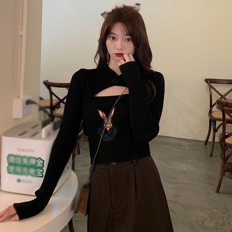 Áo hai dây thêu họa tiết hoạt hình/áo mặc ngoài dệt kim tay dài màu trơn thời trang Hàn Quốc cho nữ (có bán lẻ)