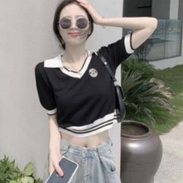 Áo len croptop cổ bẻ viền áo cộc tay