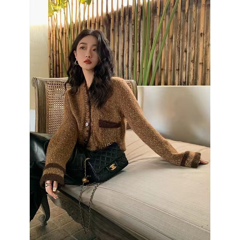 Áo Cardigan Len Cổ Chữ v Dáng Ngắn Phong Cách Retro Thời Trang Xuân Thu Mới Cho Nữ