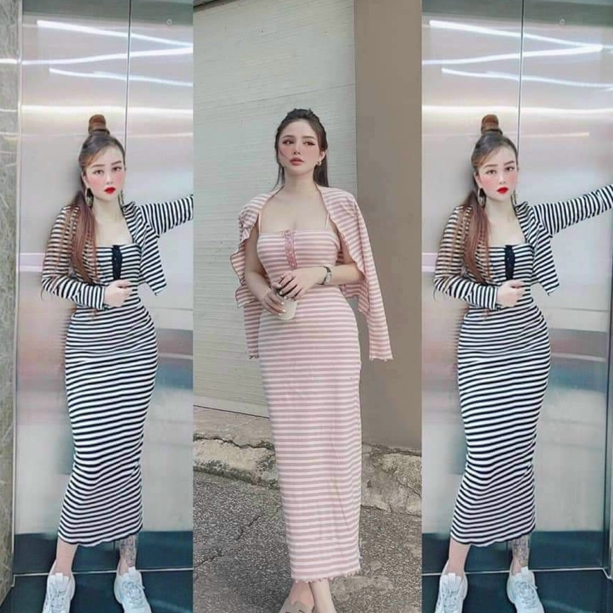Đầm Suông Sọc 2 Dây Có Nút Cài Ngực Thật Kèm Áo Khoác Siêu Xinh Sang Chảnh Tiểu Thư