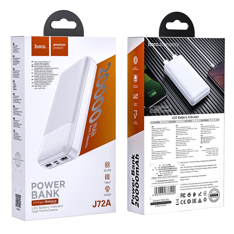 Pin sạc dự phòng di động CHÍNH HÃNG HOCO J72A dung lượng cao 20000 mAh, đầu vào Micro/ Type-C, 2 cổng ra USB 2A, báo LED