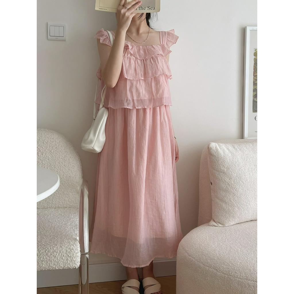 Set áo 2 dây cánh tiên tầng kèm chân váy dài chất tơ đũi