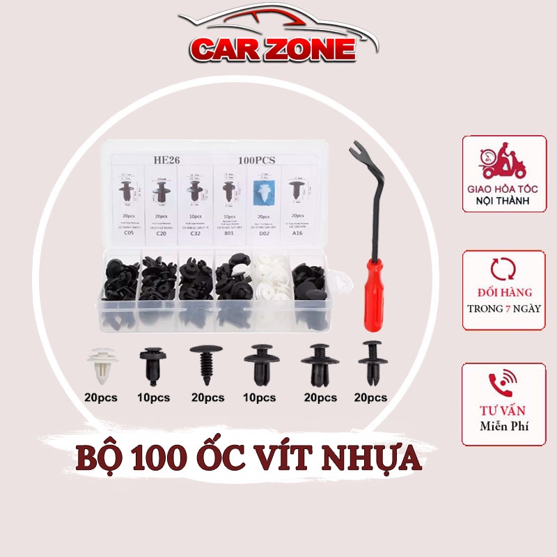 Bộ 100 Loại Ốc Chốt Và Nở Nhựa Cho Ô Tô, Xe Máy Kèm Dụng Cụ
