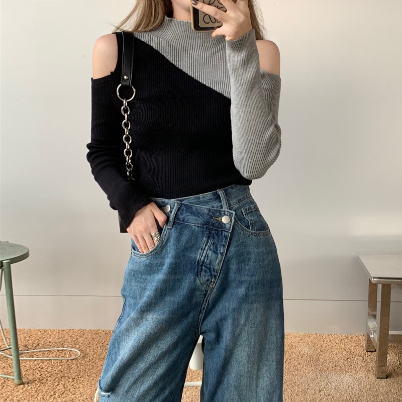 Áo Len Chui Đầu Cổ Lọ Phối Màu Tương Phản Phong Cách Hàn Quốc