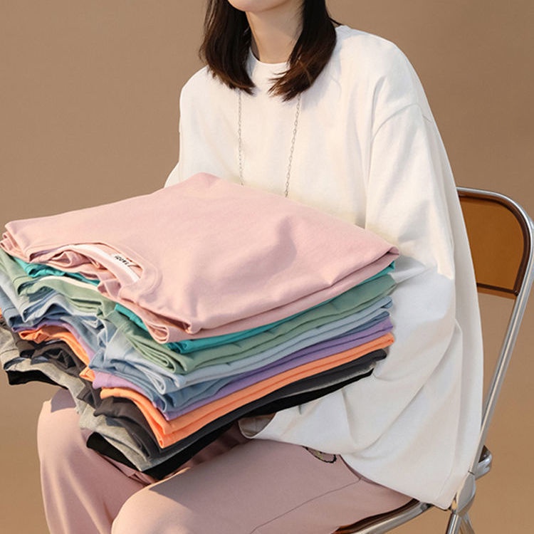 Áo Thun 100% Cotton Tay Dài Dáng Rộng Màu Trơn Phong Cách Thời Trang Hàn Quốc 2022