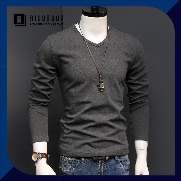 Áo thun nam tay dài cổ tim trơn cao cấp RKL001- áo phông nam dài tay đẹp Riooshop