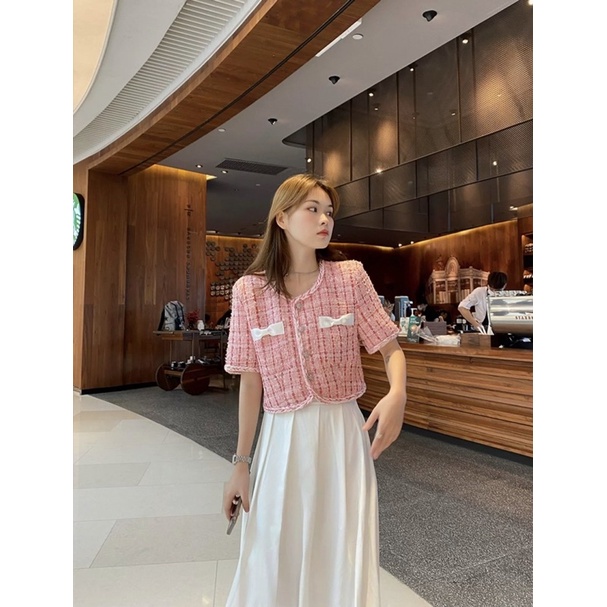 SET CROP DẠ TÚI NƠ + CHÂN VÁY MIDI XẾP LY