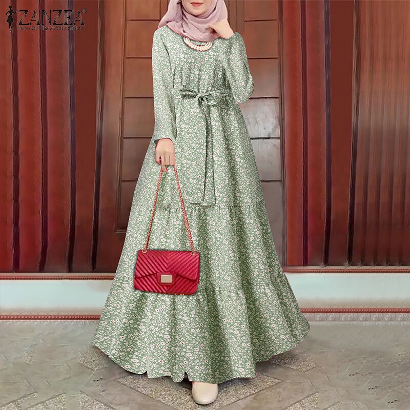 Zanzea Đầm Hoa Thắt Nơ Eo Phong Cách Hồi Giáo Thời Trang Cho Nữ