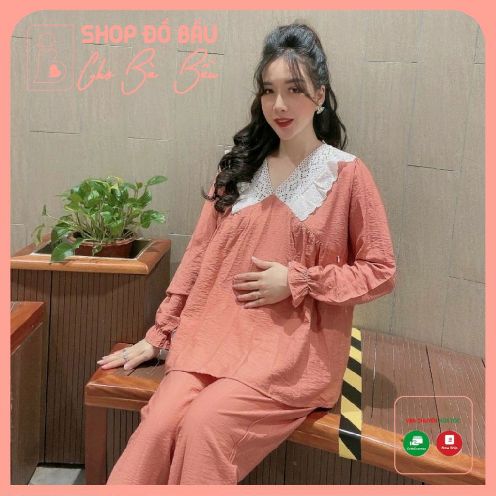 Bộ bầu - bộ sau sinh có khóa cho con bú phối viền ren trắng ở ngực DB04 freesize đến 70kg