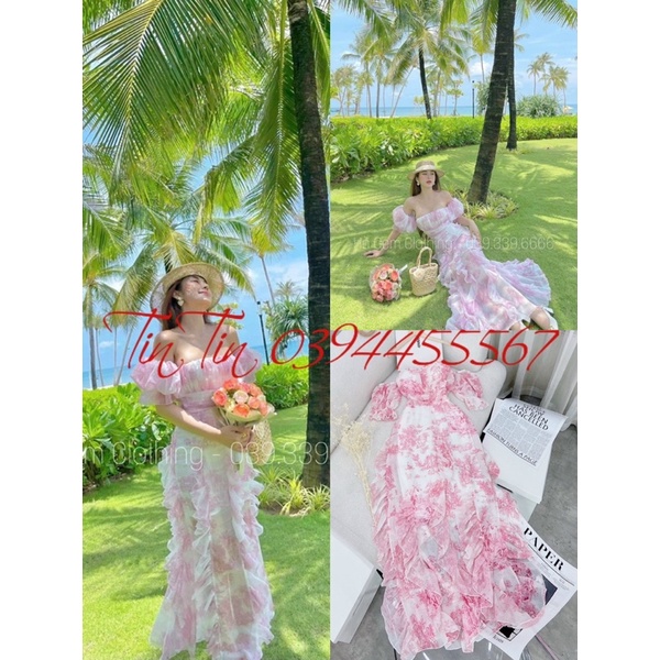 Đầm maxi hoa trễ vai bèo 2 màu siêu ngọt ngào dễ thương