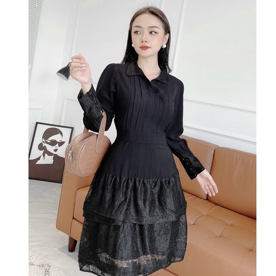 Đầm Công Sở NHẬT VY Cổ Sơ Mi Trơn Chiết Eo Tùng Phối Tầng Ren Chất Lụa Xước Màu Xanh, Đen - D2091